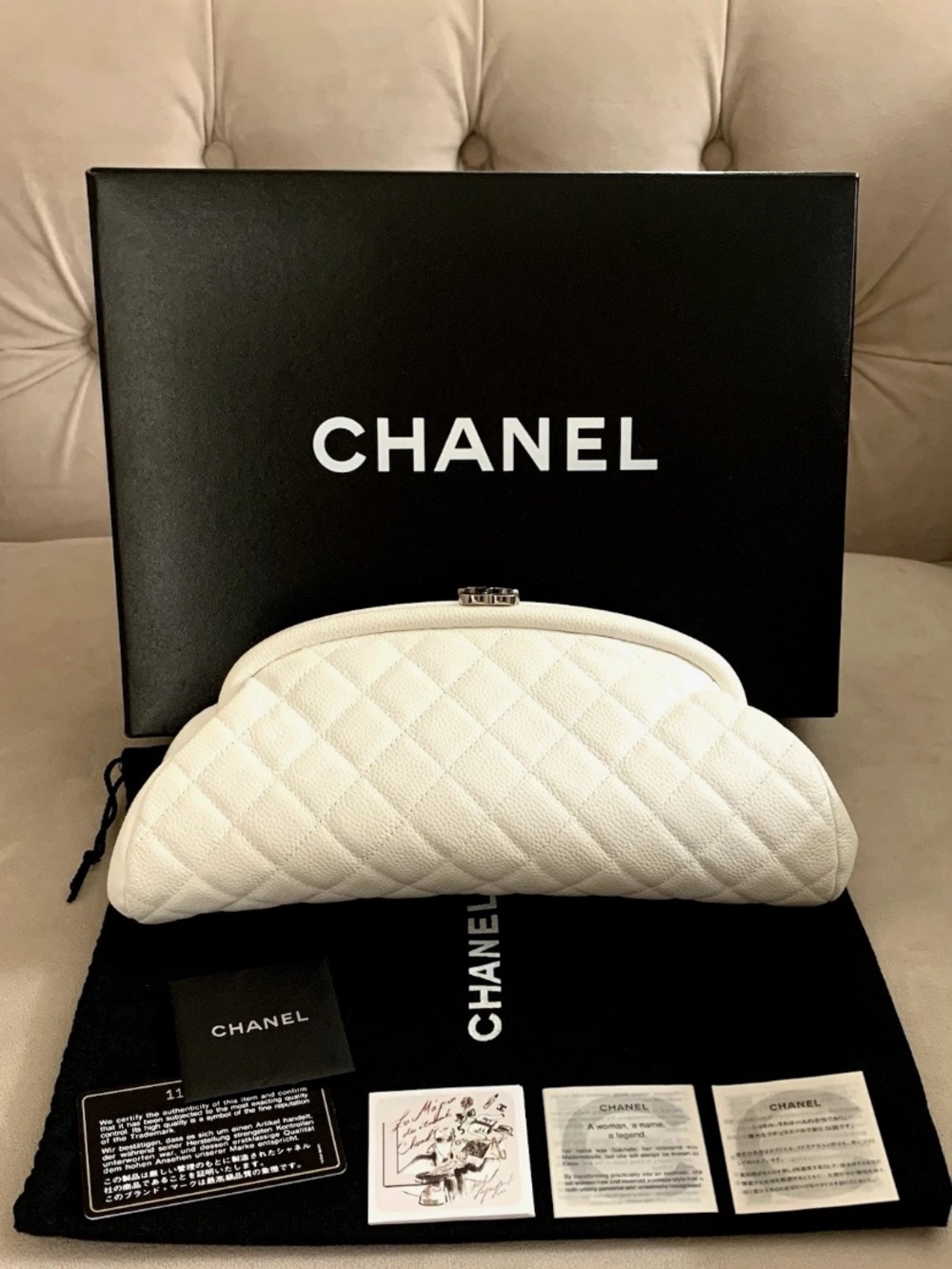 Chanel CC Timeless Half Moon Diamond Quilted Caviar Leather Clutch - White - EUC